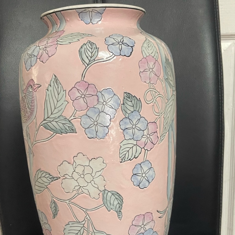 Vintage WBI Porcelain 14 1/2" Pink Birds of Paradise Vase